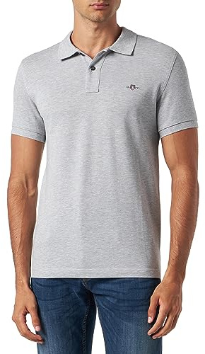 GANT Polo Slim Shield SS Pique Polo para Hombre, Color Gris Jaspeado, estándar, Gris, XL