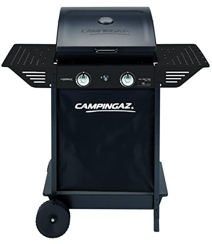 Campingaz Xpert 100 LS Plus Rocky BBQ de gas de piedra volcánica, carro de barbacoa con 2 quemadores y 1 estufa lateral, tapa + termómetro, estante LAT. Plegable, Pot. 7,1 kW + 2,1 kW cocina LAT.