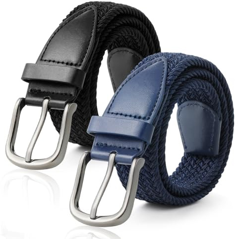 Kajeer barn elastiskt flätat bälte för pojkar flickor – 2 stycken unisex flätat bälte stretch tygbälte för byxor jeans, Gunmetalspänne (svart + marin), M