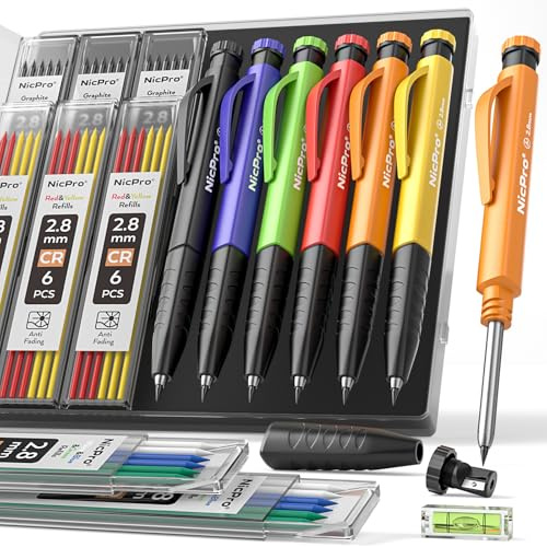 Nicpro 6 Pack Upgraded 3-IN-1 Carpenter Pencil Set with Finger Grip, Construction Pencils with 54 Refill & Mini Spirit Level, Deep Hole Carpenter Tool, Mechanical Carpenter Pencil for Woodworking