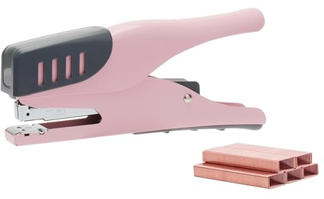 NatSumeBasics Plier Effortless Stapler & 1000 Rose Gold Staples, Handheld Stapler 45 Sheet Capacity Heavy Duty Manual Staplers for Office Accessories Supplies (Pink)
