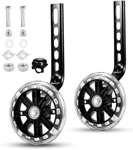 Bike Stabilisers for childs Bikes - Equipped with Flashing Quiet Wheels - Compatible with 12 14 16 18 20 Inch Kids' Variable Bicycles & Single-Speed Bikes，Black