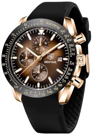 Benyar Men's Waterproof Analogue Quartz Chronograph Luminous Date Large Dial Classic Fashion Business Wrist Watch Stainless Steel Leather Elegant Gift for Men