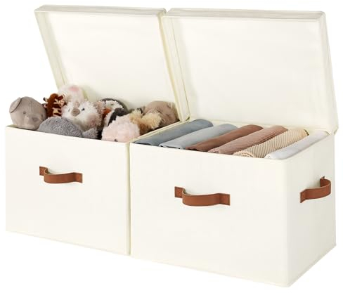 StorageWorks Aufbewahrungsbox Stoff mit Deckel, große Aufbewahrungsbox mit Deckel Stoff, Kisten Aufbewahrung mit Griffen, faltbare Aufbewahrungsboxen für Kleidung, elfenbeinweiß, 2 Stück