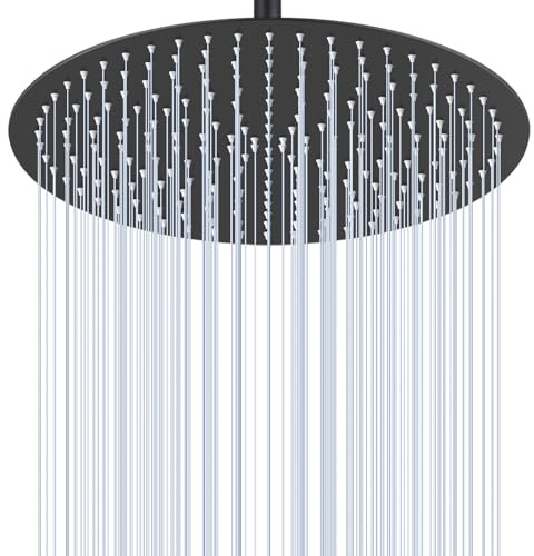KINLIV 16 inch Matte Black Round Ceiling Rainfall Shower Head, All Metal Stainless Steel 304, Full Body Rainfall Shower with 230 Silicone Nozzles