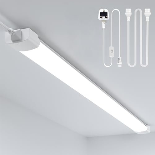 Amdelne 6000k Led Batten Light, 1.3FT 40CM, 16W Plug in Wall Light Shed Loft Light, IP65 Plug in Ceiling Light Strip for Garage Lighting, Office, Bedroom, Kitchen, Shed, Outdoor,Tube Light
