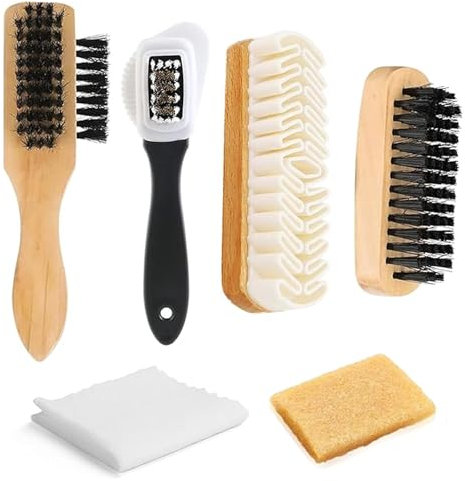 Shoe Brush Set, 6-Piece Set Horsehair Brush, Premium Soft Shoe Brush with Eraser and Clean Cloth, 4-Sided Shoe Cleaner, Shoe Shine Brush for Boots Shoes Car Seats Sofas Bags Great