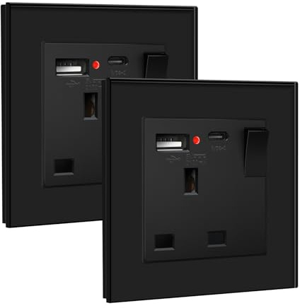 BSEED Single Switched Socket with USB C and USB A Charging Ports, UK Standard Electric Power Sockets with Glass Panel, 1 Gang Wall 13A Socket, Black, 2 Pack