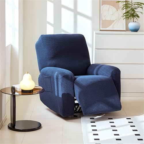 Hearda Housse de Fauteuil Inclinable Extensible Épaississante, Jacquard Velours de Maïs Housse de Fauteuil 1 Place Relax Housses de Fauteuils 4 Pièces avec Poches Latérales (Bleu Marine)