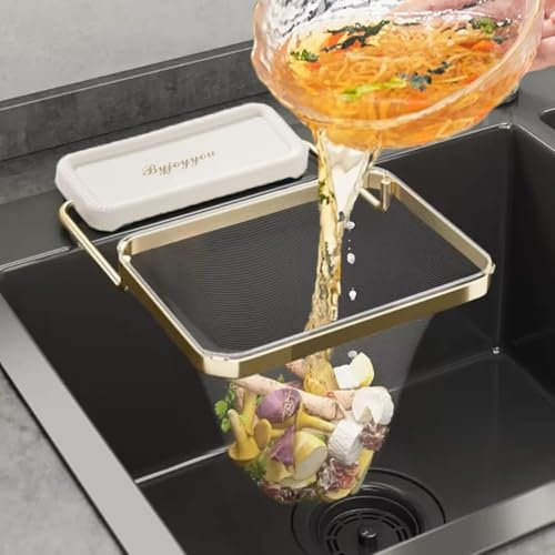 SENIURIS Estante de drenaje para fregadero con colador, recogedor de alimentos plegable para cocina, cesta de esquina, colador de basura lateral, con 100 bolsas de malla desechables.