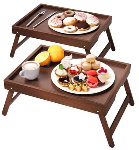 Fibogollo 2 Pack Bamboo Bed Tray Table with Folding Legs,Breakfast Trays,Serving Tray for Food and Snack,Laptop Trays for Working(Brown)