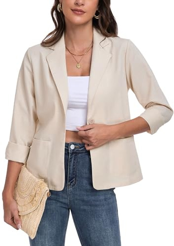 YOUNIFIZ Blazer décontracté en lin à manches longues pour femme avec boutons à revers sur le devant et poches, 81_beige, L