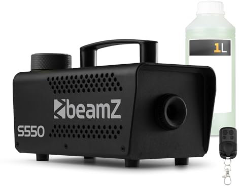 BeamZ S550 – Máquina de humo 550W, 50 m³/min, tanque 250ml, calentamiento 2,5 min, control remoto, botón en mango, compatible con líquidos aromatizados, ideal para fiestas y eventos.