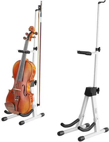 Augioth Violin Stand with Bow Holder – Adjustable Height, Non-Slip Base & Protective Head Lock. Foldable & Portable Instrument Stand for Violin, Viola, Mandolin, and Ukulele.White