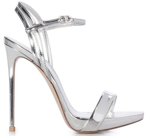 BAICAIBAI Sandalias de Tacón Alto 12 CM para Mujer con Punta Abierta y Correa en el Tobillo Tacones Aguja Zapatos Vestir On Tiras Fiestas Bodas,Silver,45