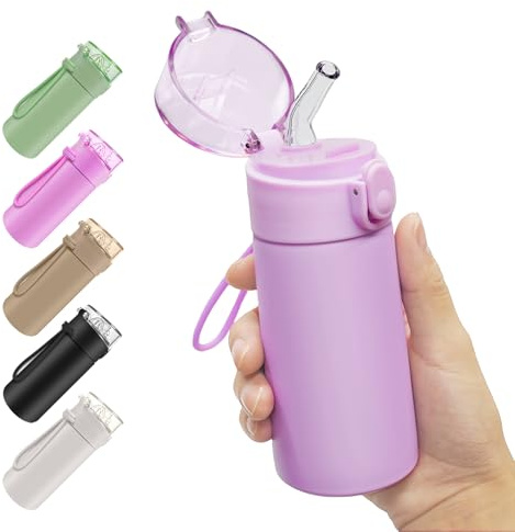 AMFUN 150ml Stainless Steel Insulated Water Bottles, Double Wall Vacuum Small Flask, Water Bottle with Straw, Leakproof Drinks Bottle with Carry Handle for Hot&Cold Drinks (Pink)