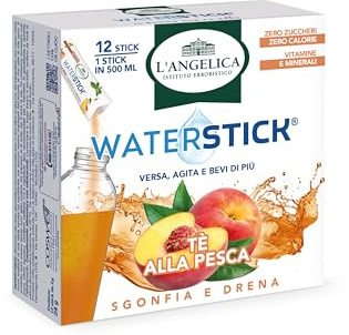 L'Angelica, Waterstick, Gusto Tè Alla Pesca, Sgonfia e Drena, Con Vitamine, Minerali, Contro Stanchezza e Affaticamento, Zero Zuccheri & Calorie, Senza Conservanti, 1 Astuccio da 12 Stick
