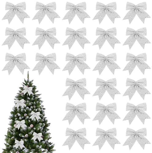 24 Pezzi Fiocchi per Albero di Natale Rosso, Fiocchi Decorazione di Natalizi, Decorazioni Albero di Natale per Natale, Decorazione Regalo, Festa, Decorazione di Nozze (Argento)