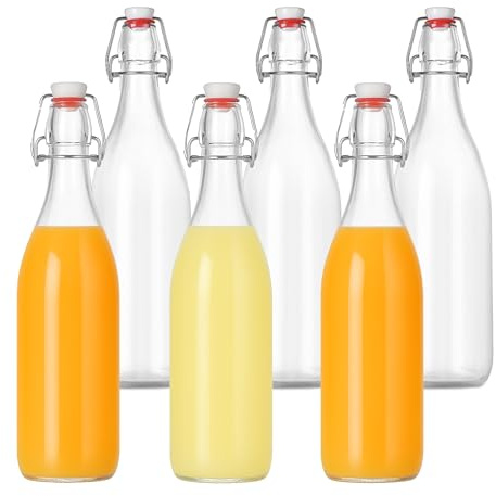 Botellas Relaxdays para Rellenar, Set de 6, 1 litro, Cierre de Clip, Vidrio para Aceite, vinagre, Licor, Zumo.