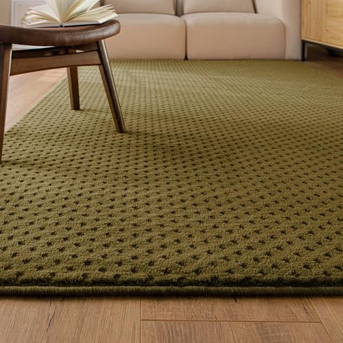 Wecon Home Kurzflor-Teppich aus Schurwolle – gewebt, Hoch-Tief-Streifen-Effekt, – modern & gemütlich für Wohnzimmer, Schlafzimmer & Flur - Castello Three (200 x 300 cm, Oliv grün)