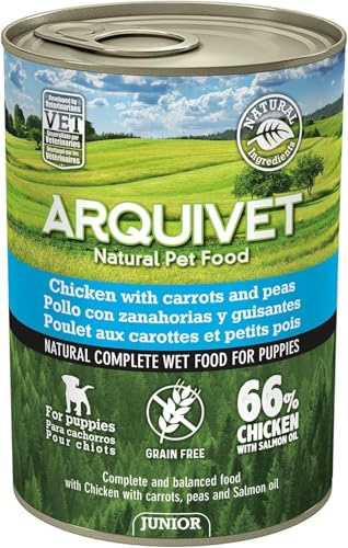 ARQUIVET Junior Pollo con Zanahorias, Guisantes y Aceite de salmón 400 gr - Lata de Comida húmeda para Perros Cachorros - Todas Las Razas - Alimentación Natural Canina (Paquete de 6)