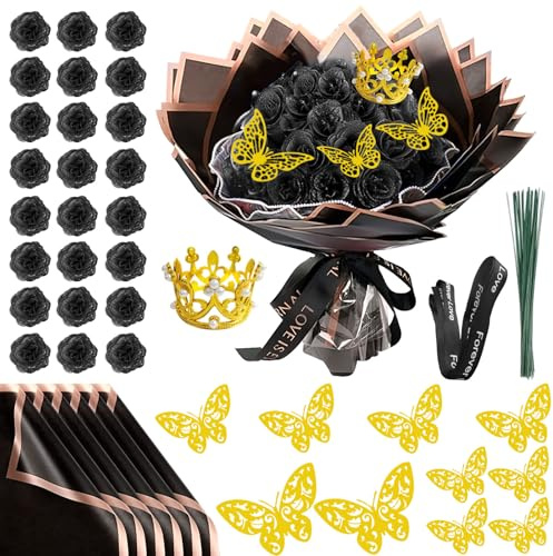 Glitter-rosbukett, alla hjärtans dag, 24 stycken konstgjorda rosbuketter, gör-det-själv konstgjorda glitterblombuketter med krona för gåvor, bröllop, årsdag, förlovning, födelsedag, mors dag (svart)