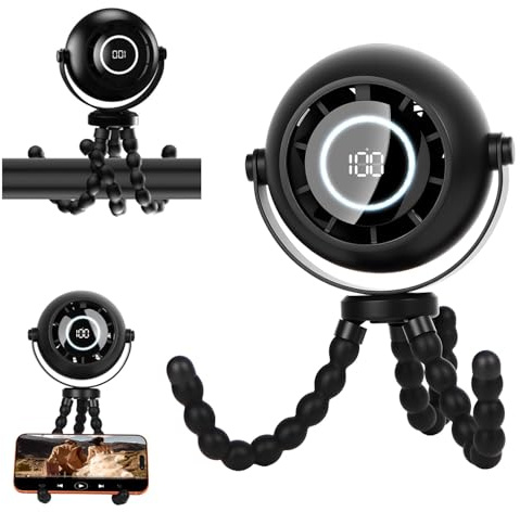 Foluu Bladeless Fan with LED Display & Night Light, 360° Rotatable Octopus Tripod Portable Fan, 4000mAh Rechargeable, Quiet Multi-Angle Manual Adjustment for Camping, Tent, Office, Travel, Black