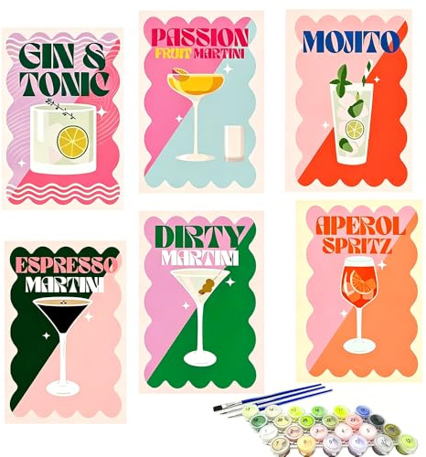 6 Pack Vintage Cocktail Paint by Numbers for Adults, DIY Acrylic Paint by Numbers Kits, Oil Painting Kit for Beginners, Home Bar Wall Decor, with 3 - Brushes and Acrylic, 7.8x11.8inch Frameless