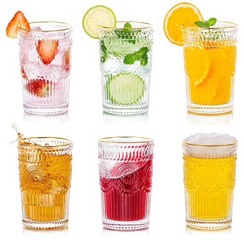 Wassergläser Trinken 400Ml Goldrand Vintage Becher Glas Set Mit 6 Hohen Highball Glas Für Saft Kaffee Tee Für Party, Bar