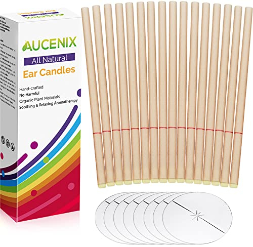 Natural Ear Candles 16 Pcs, Aucenix Beeswax Ear Wax Candles, Hopi Ear Candle with Protector Disks