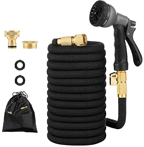 Flexibler Gartenschlauch Erweiterbarer Wasserschlauch mit 10-Brause Adapter aus Messing Aufhänger Bewässerung Gartenarbeit einziehbarer Schwerlastschlauch 4-lagiger Latexkern Anschluss(30M, Schwarz)