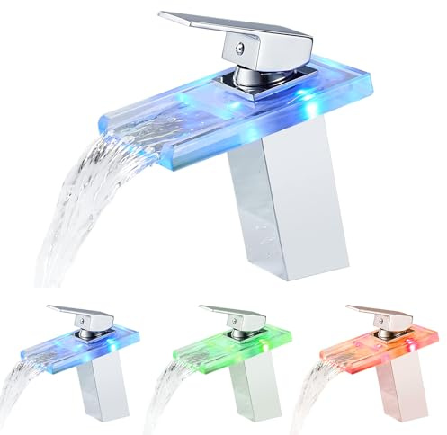 KEOKBON Wasserhahn Bad, LED Lichter Wasserhahn, Einhandmischer Wasserfall Waschtischarmaturen, Kaltes und Heißes Wasser Waschtischarmatur, Messing Chrom