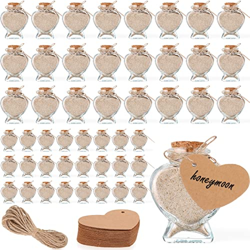Zopeal 141 Pcs Heart Shaped Glass Jars, Honeymoon Sand Keepsake Jar with Cork Lids, Small Wish Bottles Bulk with Label Tags and String for Wedding Baby DIY Gift Shower Party Favor