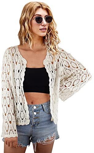 SMDPPWDBB Boléro à manches longues pour femme Crochet Dentelle Cardigan ouvert, Beige-CB, Taille Unique