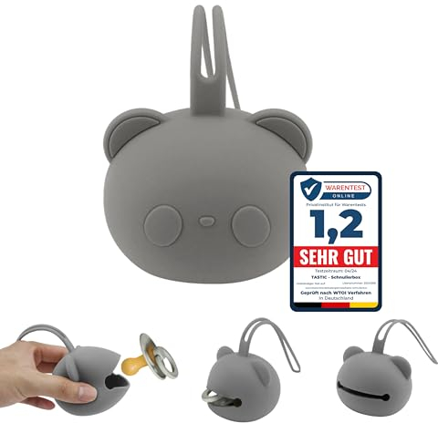 Tastic Schnullerbox Baby - Silikon Schnullerbox für unterwegs in Pandaform – Schnulleraufbewahrung BPA frei – Box vielseitig nutzbar und leicht zu Reinigen. Grau
