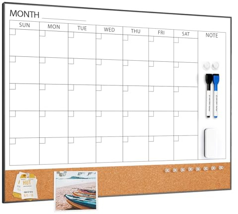 ARCOBIS Calendario cancellabile a secco con lavagna in sughero da parete, 61 x 45,7 cm, lavagna magnetica con cornice nera, lavagna combinata mensile per scuola, casa, ufficio