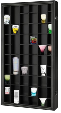 Sboitflmm 52 Shot Glass Display Case - Wall Mount Wooden Lockable with Removable Shelves, UV Protection Acrylic Glass Door, Black