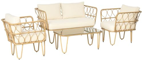 Outsunny Ensemble Salon de Jardin 4 pièces canapé 2 Places + 2 fauteuils + 1 Table Basse Plateau Verre trempé 7 Coussins - Acier et résine tressée - crème