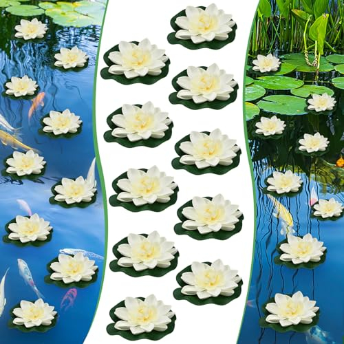 EMAGEREN 10 Fiori Galleggianti per Laghetti, Fiori di Loto Galleggianti 10 cm Ninfee Artificiali Bianche in Schiuma Eva per Decorazione Acquario Terrazza Giardino Piscina