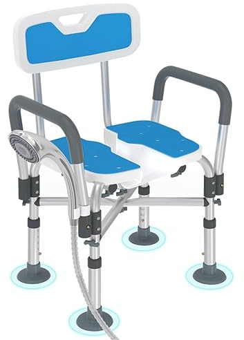 Aufun Sgabello da doccia con apertura igienica, sedia da bagno con schienale e braccioli, regolabile fino a 180 kg, con piedini antiscivolo, sedile regolabile in altezza