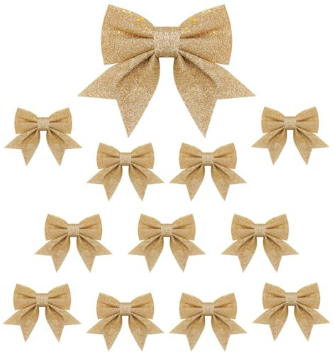 Goldene Weihnachtsschleifendekoration, Glitzerschleifen für Weihnachtsbaumdekoration, Weihnachtsbaumschleifen, dekorativ für Kranz, Geschenk-Box, Heim-Party-Ornamente, 12 Stück (Goldschleife)