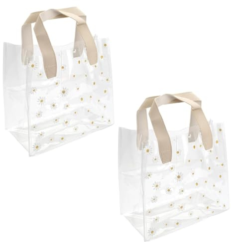 CUEMOON 2 sacchetti regalo trasparenti con manici, sacchetti regalo in PVC con motivo a margherite, per goodies boutique, matrimoni, compleanni, baby shower