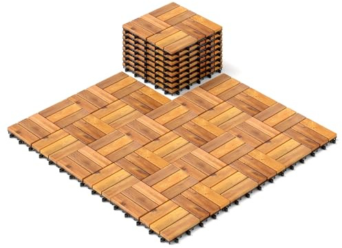 LIFEZEAL Dalles en Bois d’Acacia Emboîtables 27 PCS, 30 x 30 CM, Revêtement de Sol Extérieur et Intérieur,Imperméable, Caillebotis Bois pour Terrasse, Balcon, Salon, Marron (Style 1)