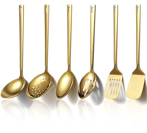 Evanda Lot de 6 ustensiles de cuisine dorés en acier inoxydable plaqué titane - Spatules - Accessoires essentiels pour la maison