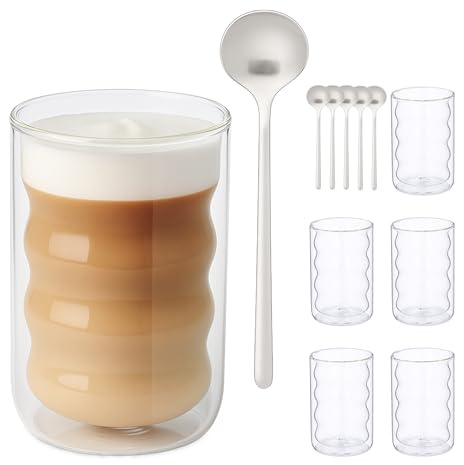Relaxdays Latte Macchiato-glasögon, set med 6, med skedar, vågig design, dubbelväggade, 350 ml, kaffemuggar, genomskinlig