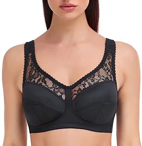 Ayigedu UK Plus Size Minimiser Bra Women Non-Wired Non-Padded Full Coverage Soft Cup Bra 36GG Black