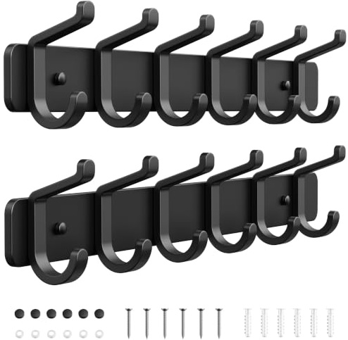 2 Stück Kleiderhaken Wand mit 6 Haken, Garderobenhaken Metall, Wandgarderobe Garderobenleiste für Jacken, Taschen, Hüte, Schals, Hakenleiste für Schlafzimmer, Garderobe, Badezimmer, Küche (Schwarz)