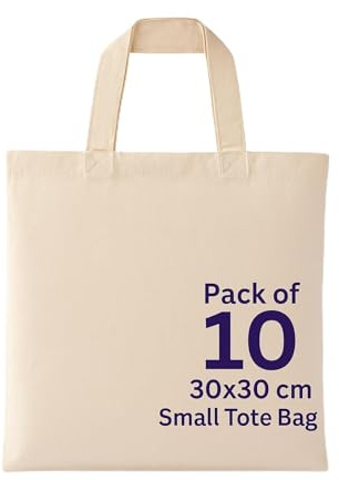 Pack Of 10 Canvas Tote Bag – Reusable 450 GSM Cotton Shopping Bag, Eco-Friendly, Washable, Heavy Duty, Multipurpose for Grocery, Travel, Crafts – 100% Pure Cotton – Handmade Size 30x30cm +30cm Handle