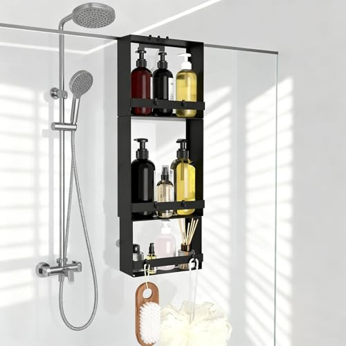Estanteria Baño Para Colgar, Estanteria Baño sin Taladro, Ducha para Colgar 3 niveles, sin Necesidad de Taladrar, Organizador de baño Con 8 Ganchos & 4 Ventosa de Soporte, Estante para Champú y gel
