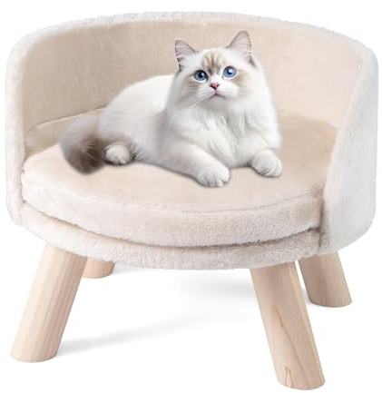 COSTWAY Katzensofa, Katzenbett erhöht, Katzencouch mit rundem Kissen, Rückenlehne & Holzbeinen, Katzensessel Haustiersofa Weich, für kleine Katzen Hunde, Hundesofa Indoor, 42 x 42 x 33 cm, Beige